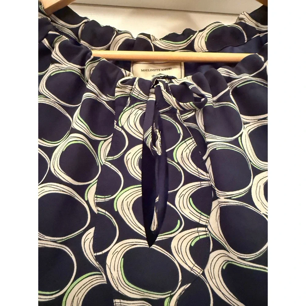 Moulinette Soeurs Dress Women 0 Navy Blue Geometric Circle Ruffle Tie Neck Shift